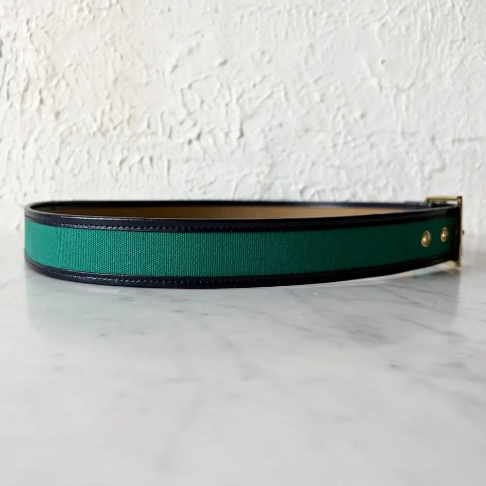 Talbots Belt Green Canvas Navy Leather Trim Gold Tone Buckle Women's L Preppy